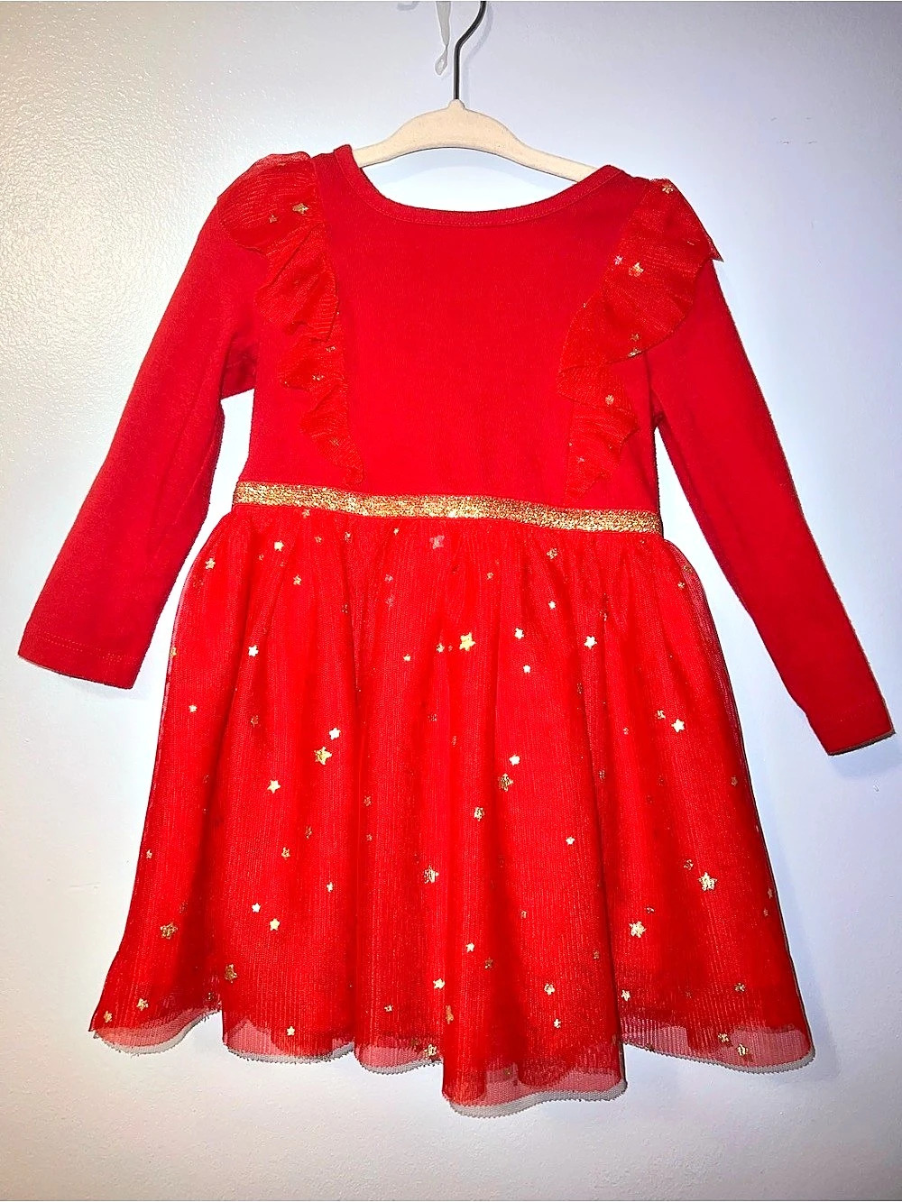 Cat & Jack Girls Long Sleeve Red Tulle Dress with Glitter Star Accents - Size 2T